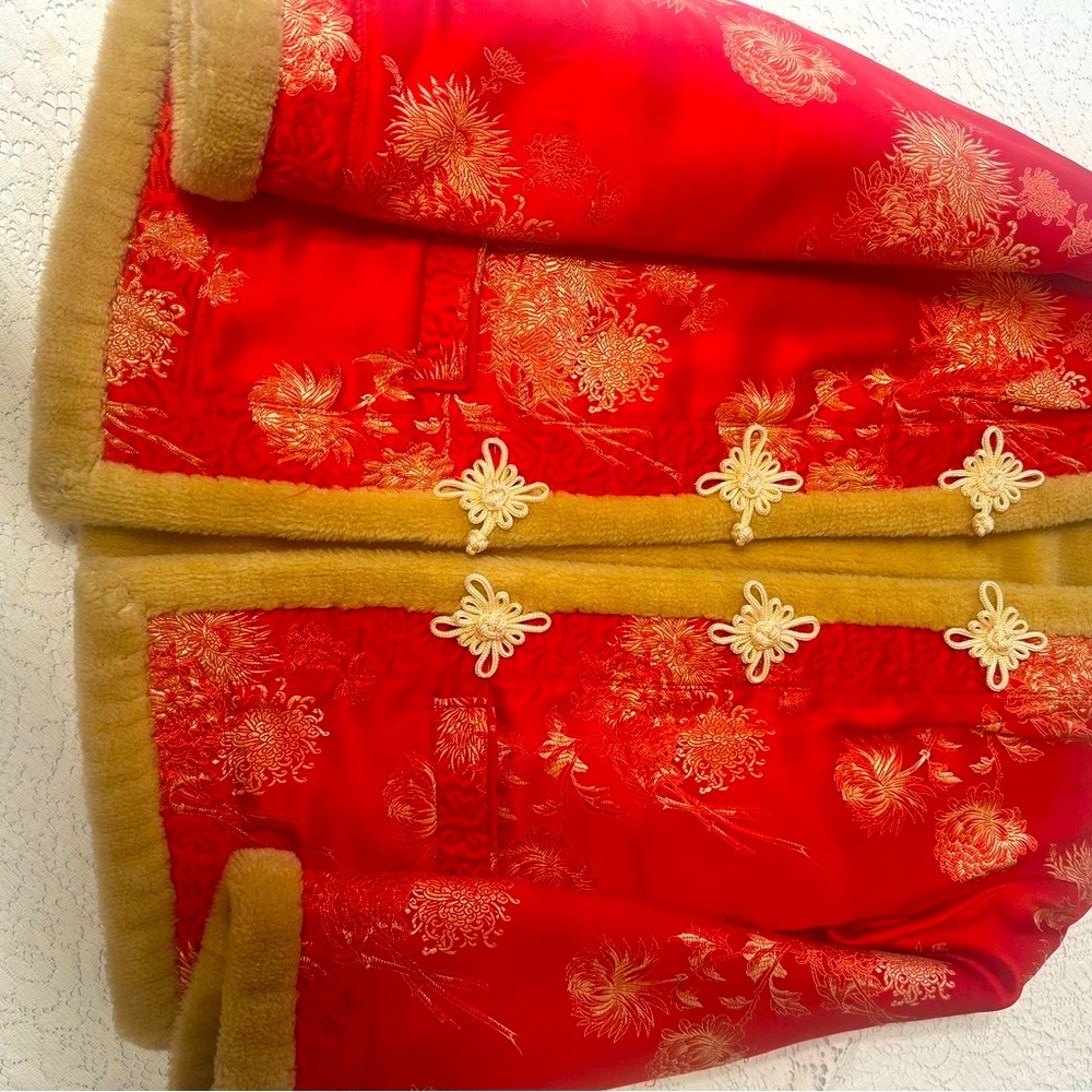Red Floral Embroidered Coat with Tan Trim